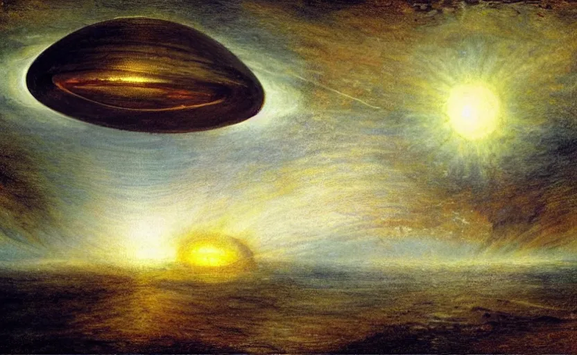 Prompt: Arrival Spaceship ufo by William Turner