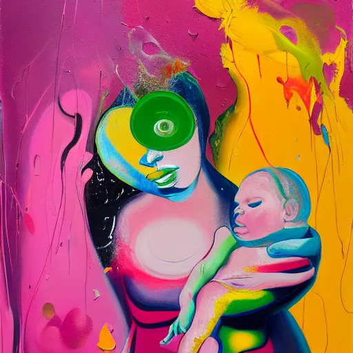 Image similar to woman holding a baby, an ultrafine detailed painting by peter max and francis bacon and fiona rae and hernan bas and anna mond, featured on deviantart, metaphysical painting, pop surrealism, melting paint, biomorphic, mixed media, photorealistic, dripping paint, palette knife texture, masterpiece