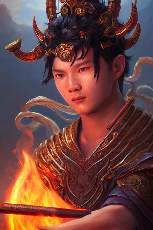 Image similar to a masterpiece portrait of nezha, legendary god holding spear, boy, flame everywhere, epic pose, fantasy character portrait, closeup shot, hyper detailed, digital painting, 8 k realistic, trending on artstation, sharp focus, dof, by fenghua zhong, artgerm, ne zha from smite, jeff easley, raymond swanland