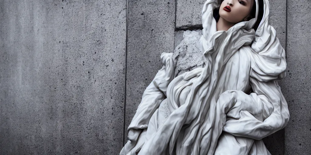 Prompt: well lit fashion shoot portrait of extremely beautiful female marble statue wearing huge over size puffer jacket by dingyun zhang, yeezy, balenciaga, vetements, a cold wall, sharp focus, clear, detailed,, cinematic, detailed, off white, glamourous, symmetrical, vogue, editorial, fashion, magazine shoot, glossy