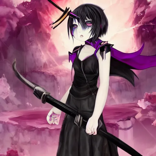 Prompt: gloomy black haired demon girl with demon horns in a pretty mid-length black dress with a katana in front of an dystopian purple colored city which is destroyed, picking up a flower, high detail whole body photo