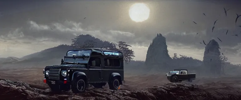 Image similar to Land Rover Defender 110 (1985), an epic fantasy, dramatic lighting, cinematic, establishing shot, extremely high detail, photorealistic, cinematic lighting, artstation, by simon stalenhag, The Elder Scrolls III: Morrowind, the Nerevarine drives across Morrowind, strange flora, strange fauna, Bull Netch floating around, Morrowind fauna prominent across the landscape