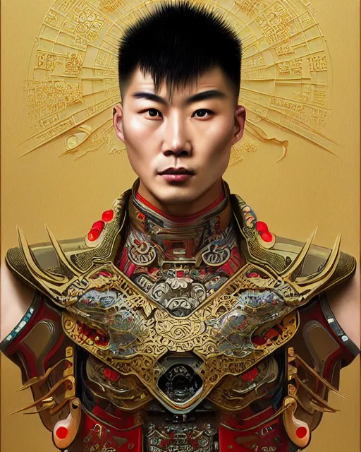 Image similar to portrait of a chinese masculine male cyberpunk machine, machine face, upper half portrait, decorated with chinese opera motifs, muscular arms, asian, fine china, wuxia, traditional chinese art, intricate, elegant, highly detailed symmetry headpiece digital painting artstation concept art smooth sharp focus illustration, art by artgerm and greg rutkowski alphonse mucha 8 k