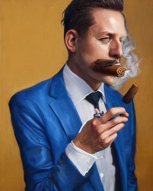 Image similar to Hyper realistic oil portrait of a man in his thirties smoking a cigar, dressed in a blue suit, by Mosh Art, trending on artstation