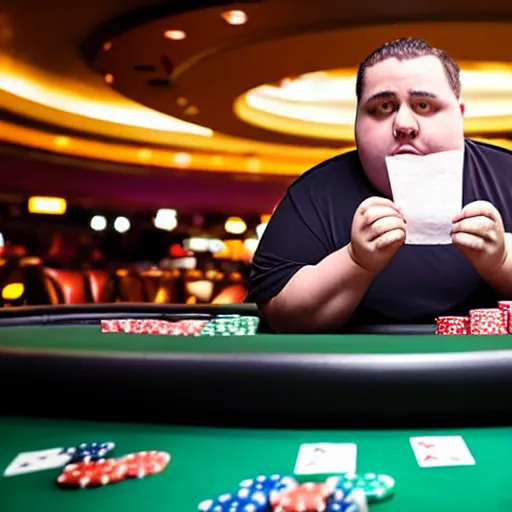 Prompt: incredibly detailed high quality studio portrait of an obese man looking at a piece of paper at a poker table in a casino while flood waters fill the room