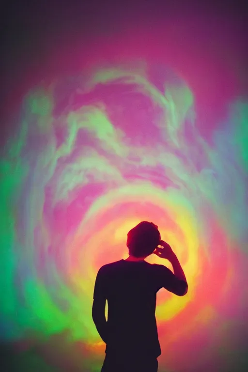 Prompt: kodak portra 4 0 0 photograph of a skinny guy looking into a bright otherworldly swirling glowing portal, back view, vaporwave colors, grain, moody lighting, moody aesthetic,