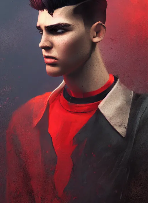 Prompt: An epic fantasy comic book style portrait painting of a young man with black and red undercut haircut, wearing a red shirt, black overcoat, blue jeans. Unreal 5, DAZ, hyperrealistic, octane render, cosplay, RPG portrait, dynamic lighting