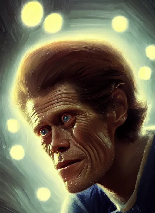 Image similar to portrait of willem dafoe staring intently at a pizza, crying, intricate, elegant, glowing lights, highly detailed, digital painting, artstation, concept art, smooth, sharp focus, illustration, art by wlop, mars ravelo and greg rutkowski