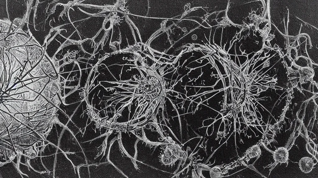 Image similar to a beautiful microscopic scientific photo of a virus and a strange life form seen through an electron microscope, dark, sinister, detailed, art by alan maley