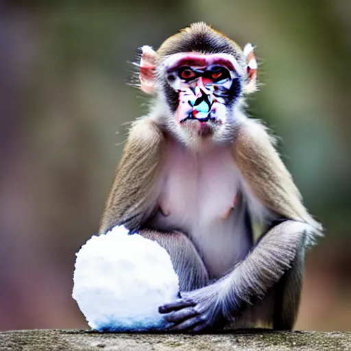 Image similar to beatiful photograph of monkey sitting in the center of the image whilst holding a snowball in its arms