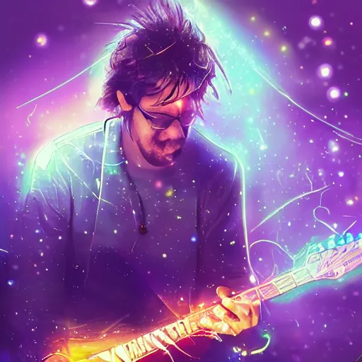 Prompt: a guitarist playing so intensely there is electricity shooting out from his guitar, energy beams under his finger tips, and magic sparkles from the freboard, amazing ditial art, trending on artstation, featured on deviantart