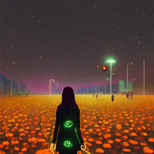 Prompt: giant daisy flower head, woman walking in a modern city with neon, surreal photography, night, dark, stars, impressionist painting, digital painting, artstation, simon stalenhag