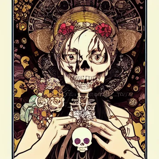 Image similar to anime manga skull portrait girl female skeleton illustration intricate detail patterns art Geof Darrow and Ashley wood and Ilya repin and alphonse mucha pop art nouveau