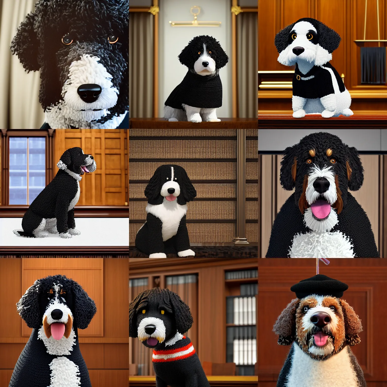 Prompt: a closeup photorealistic illustration of a smiling knitted bernedoodle judge dog dressed in a black gown, presiding over the courthouse. scales of justice and a gavel style room. this 4 k hd image is trending on artstation, featured on behance, well - rendered, extra crisp, features intricate detail, epic composition and the style of unreal engine.