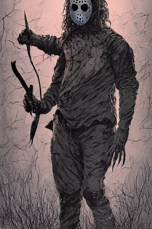 Image similar to jason voorhees in sleepy hollow, full body, big two toned eyes, teeth gritted, horror, intricate details, cinematic, epic, realistic, anatomy, tomer hanuka, uplight, artstation, photorealistic, scary