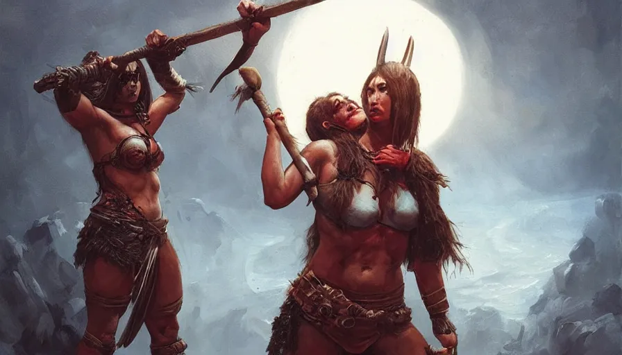 Image similar to beautiful painting of a female barbarian holding an orc ’ s served head. cinematic lighting by gerald brom greg rutkowski,