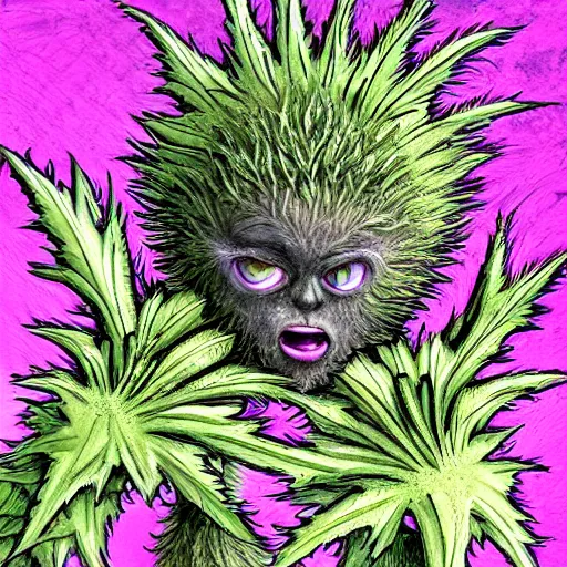 Image similar to A humanoid thistle monster, highly detailed, digital art, sharp focus, trending on art station, plant, dandelion, anime art style