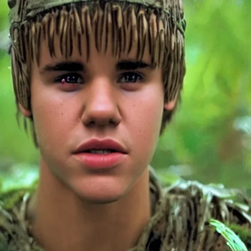 Image similar to cinematic still of justin bieber, covered in mud and watching a predator in a swamp in 1 9 8 7 movie predator, hd, 4 k