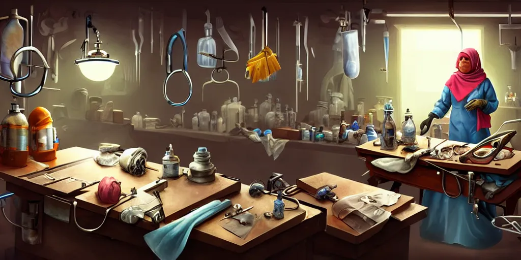 Image similar to an environmental concept art of a babushka surgeon in a cluttered mechanics workshop, surgical impliments, surgery table, highly detailed, cinematic, dramatic