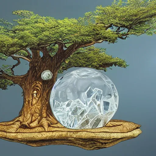 Image similar to a large tree growing from a floating crystal, by moebius