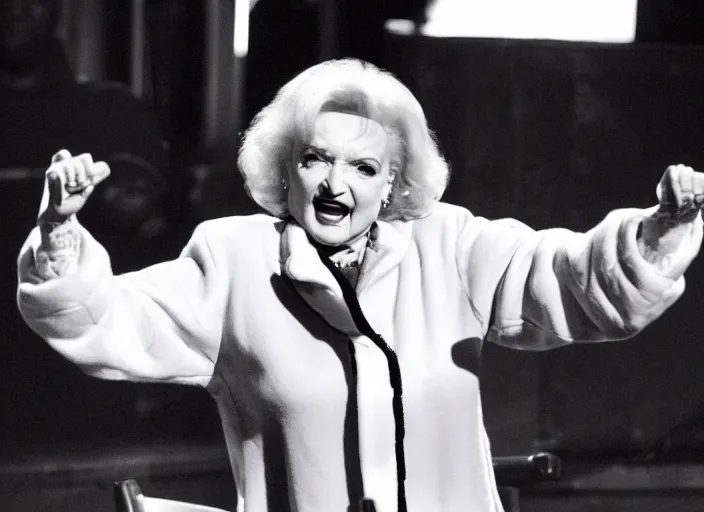 Image similar to publicity photo still of betty white as a gangsta rapper live on stage, 8 k, live concert lighting, mid shot