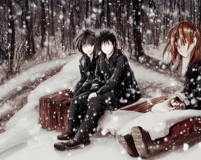 Image similar to hijikata toushirou, of a boy with short black hair and a girl with long flowing auburn hair sitting together on the porch of a cabin on a mountain overlooking a snowy forest. atmospheric lighting, long shot, romantic, boy and girl are the focus, cold lighting, snow, portrait, close up, concept art, intricate details, highly detailed by wlop