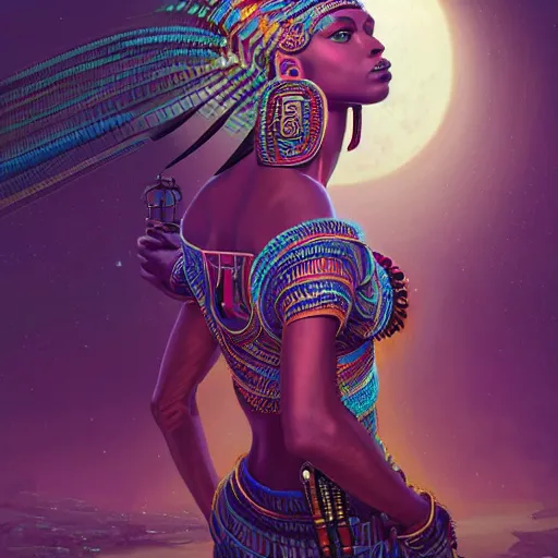 Image similar to highly detailed portrait of an african neon egyptian goddess, intricate alien technology, stephen bliss, unreal engine, fantasy art by greg rutkowski, loish, rhads, ferdinand knab, makoto shinkai and lois van baarle, ilya kuvshinov, rossdraws, tom bagshaw, global illumination, radiant light, detailed and intricate environment