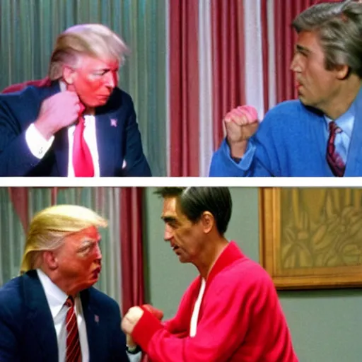 Image similar to Mr. Rogers sparring with Donald Trump in the karate style of Wado-ryu