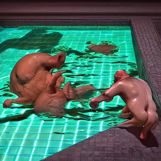 Image similar to photo, two old men fight pig mutants 5 3 1 2 7 inside a swimming pool, highly detailed, scary, volumetric lighting, front view