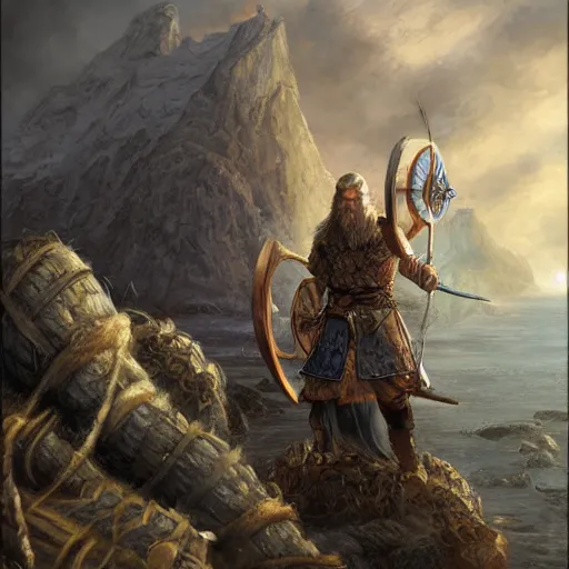 Prompt: Beautiful Viking setting artistic masterpiece in the style of jesper fjsing, mathias kollros, and donato giancola, 8k resolution detailed painting digital illustration filmic, depth of field