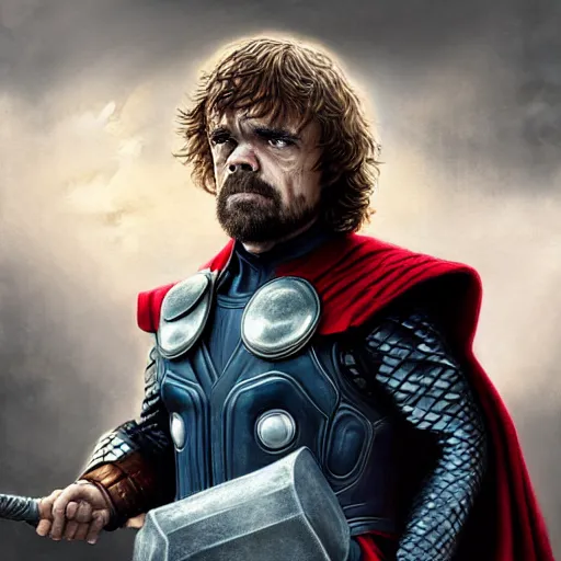 Image similar to peter dinklage as thor from endgame digital painting, extremely detailed, 4 k, intricate, brush strokes, mark arian, artgerm, bastien lecouffe - deharme