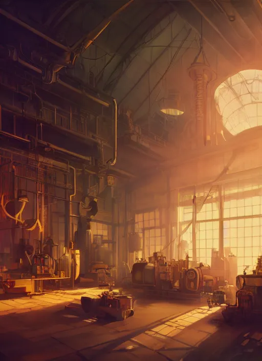 Image similar to beautiful interior of a steampunk factory, james gilleard, delphin enjolras, goro fujita, makoto shinkai, paul lehr, volumetric lighting, octane render, very coherent, trending on artstation