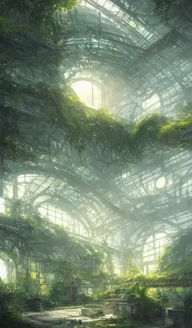 Image similar to vanishing point, green house, spaceship, plants, viewed from afar, stephen bliss, misty, unreal engine, fantasy art by greg rutkowski, loish, ferdinand knab, and lois van rossdraws, global illumination, radiant light, minimalist, detailed and intricate environment