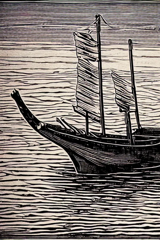 Prompt: a beautiful woodcut print of an old wooden fishing boat, 8 k, frostbite 3 engine, cryengine, dof, trending on artstation, digital art, crepuscular ray, art by roy l davies and tugboat printshop