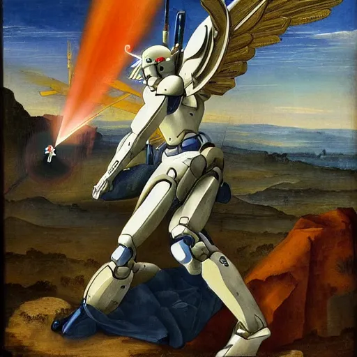 Prompt: a robot angel with a spear of light flying above a war-torn battlefield, gundam, painting, renaissance painting