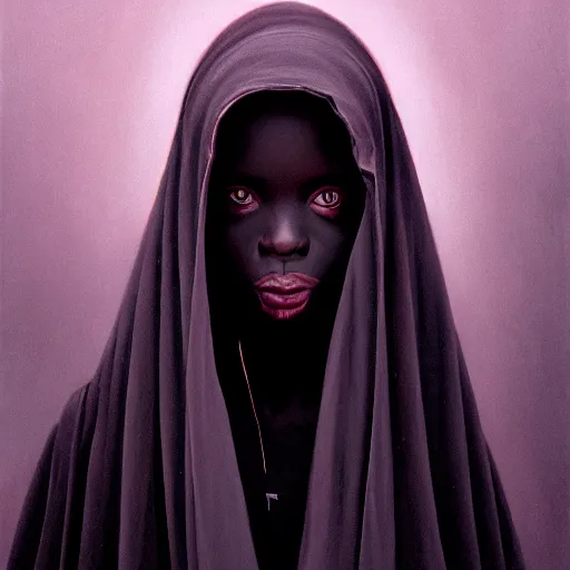 Image similar to a portrait of a young black woman wearing a long dark cloak, hood and shadows covering face, anatomically correct, beautiful perfect face, enigmatic, oil painting, matte painting, black background, Volumetric Golden dappled dynamic lighting, Highly Detailed, Cinematic Lighting, Unreal Engine, 8k, HD, by Beksinski