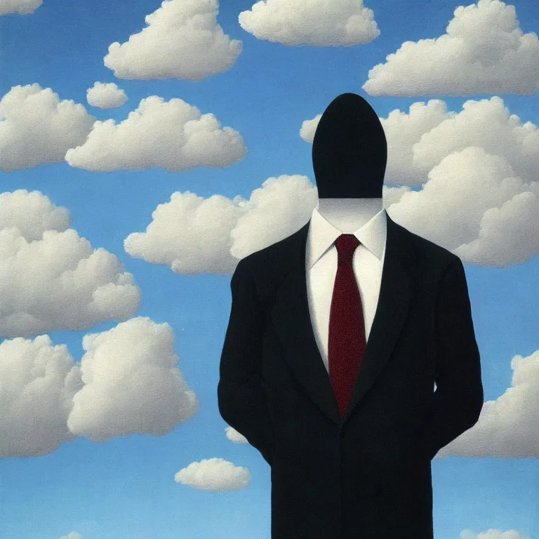 Image similar to portrait of a faceless shadow - head man in a suit, clouds in the background, by rene magritte, detailed painting, distance, middle centered, hd, hq, high resolution, high detail, 4 k, 8 k