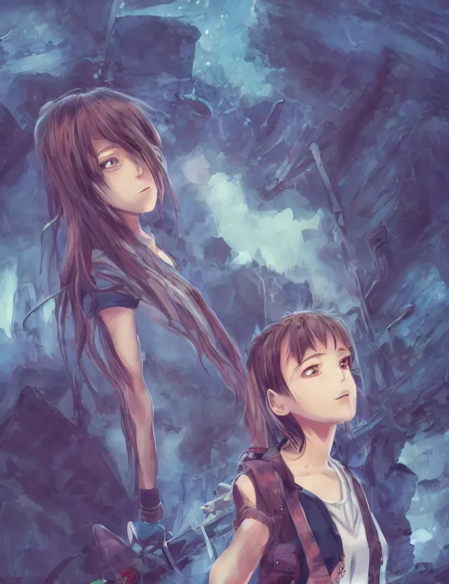 Image similar to scenic wide angle portrait of a teenage girl in a coal mine, blue jeans outfit, anime in fantasy style, trending artwork, made with anime painter studio, by anato finstark, tony sart, marc simonetti and an anime artist, collaboration