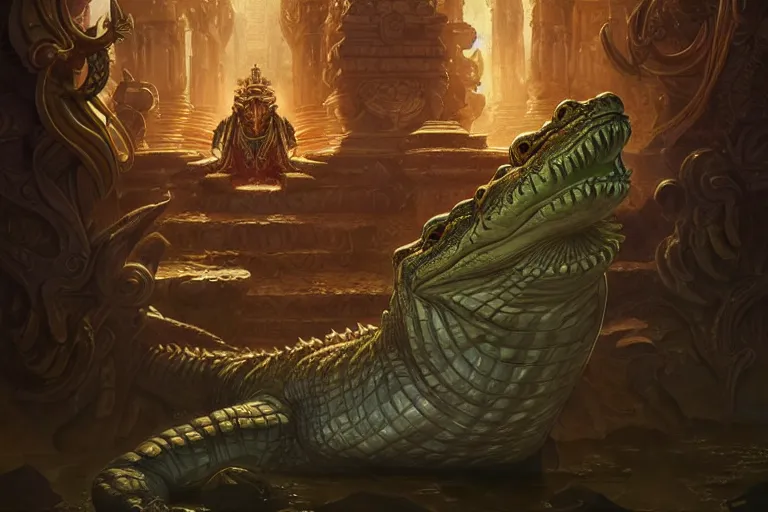 Image similar to epic crocodile god temple deep focus, d & d, fantasy, intricate, elegant, highly detailed, digital painting, artstation, concept art, matte, sharp focus, illustration, hearthstone, art by artgerm and greg rutkowski and alphonse mucha