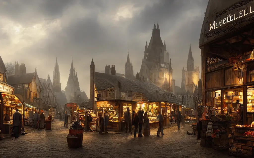 Prompt: at the market of a medeveil english town with mist, highly detailed, cinematic lighting, render, fantasy