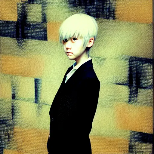 Image similar to yoshitaka amano blurred and dreamy realistic three quarter angle portrait of a young woman with short white hair and black eyes wearing office suit with tie, junji ito abstract patterns in the background, satoshi kon anime, noisy film grain effect, highly detailed, renaissance oil painting, weird portrait angle, blurred lost edges