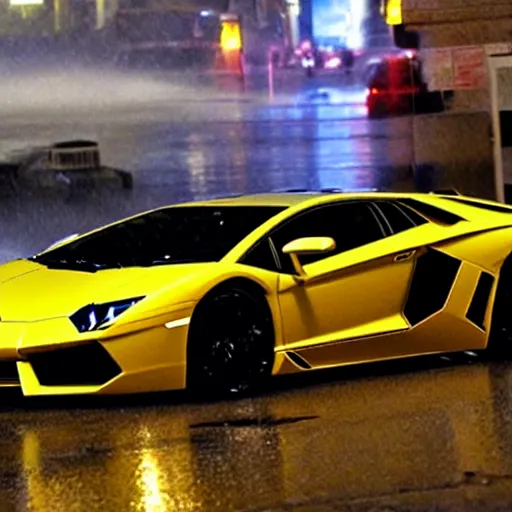 Image similar to Walter White driving a Lamborghini Aventador in the rain at night in the city