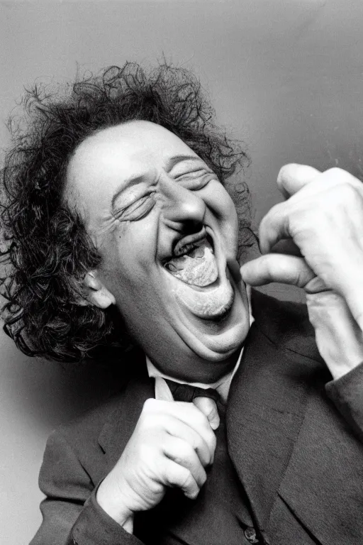 Image similar to close - up, photography of coluche laughing, photography of pierre desproges laughing, clouds everywhere