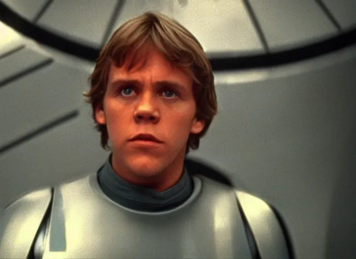 Prompt: screenshot from the lost star wars film, blue transparent hologram of Luke Skywalker, iconic scene from the lost Star Wars film, Remnants Of the Empire, 1990 directed by Stanely Kubrick, moody cinematography, with anamorphic lenses, crisp, detailed, 4k