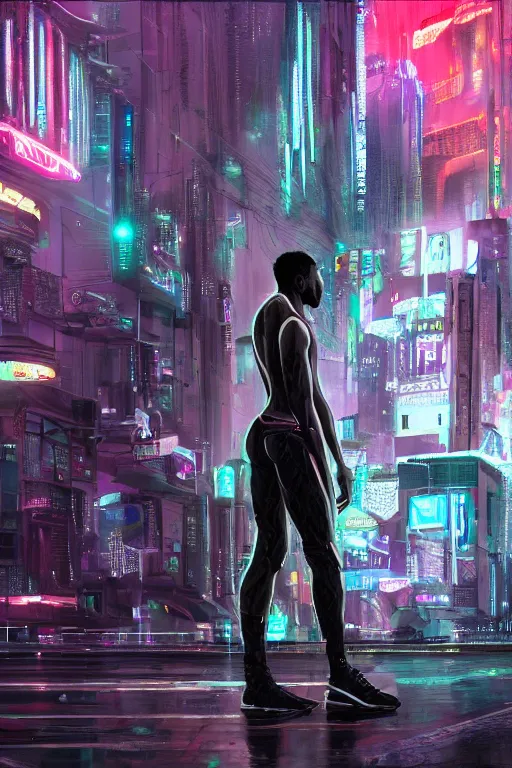 Image similar to black male cyborg body modifications hd james paick low perspective! cyberpunk city neon rain