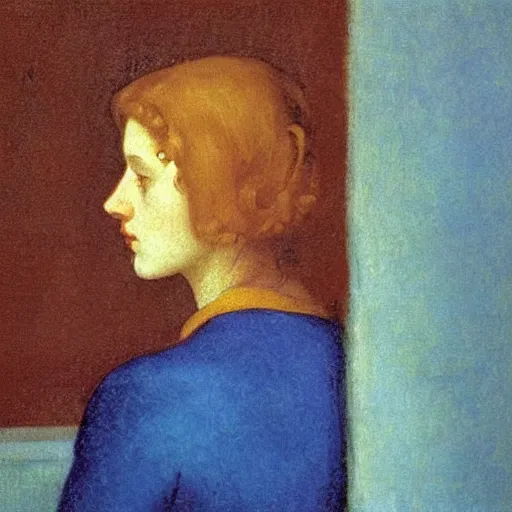 Image similar to close up of a girl in a blue and gold haunted liminal abandoned room, film still by edward hopper, by Pontormo, by klimt, art noveau, highly detailed, strong lights, liminal, eerie, Bright pastel colors, Byzantine icon