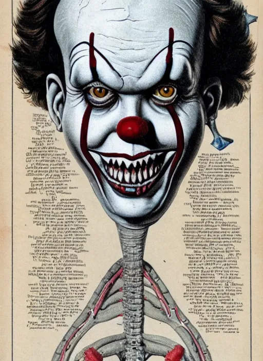 Image similar to vintage medical anatomical illustration of pennywise ( 1 9 9 0 ) head, highly detailed, labels, intricate writing