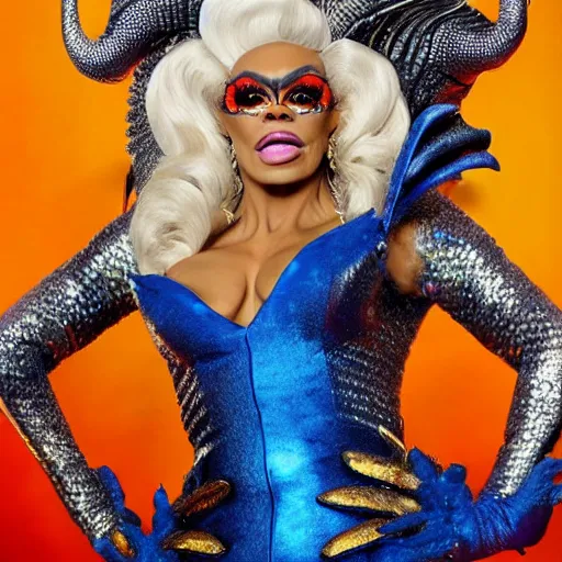 Image similar to rupaul's dragon race, television still, fantasy reality show, dragons, drag queens