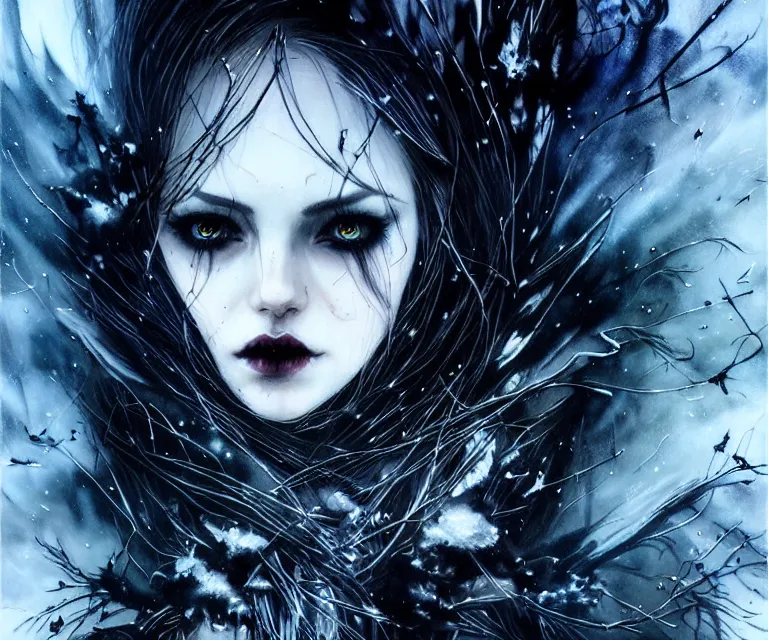 Image similar to stunning otherworldly gothic goddess of ice, dark and mysterious, atmospheric, ominous, eerie, cinematic, epic, 8 k, 4 k, ultra detail, ultra realistic, rendered by awesomeness. nights falling wind is blowwing snow is pilling concept art in style of carne griffiths artwork by xsullo