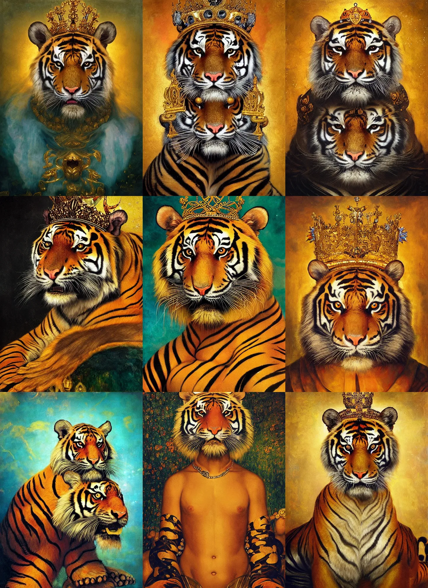 Prompt: “A majestic portrait of a tiger wearing a crown, on a golden throne, titian, Tom Bagshaw, Sam Spratt, maxfield parrish, gustav klimt, high detail, 8k, underwater light rays, intricate, royalty, vibrant iridescent colors,orange black and gold”